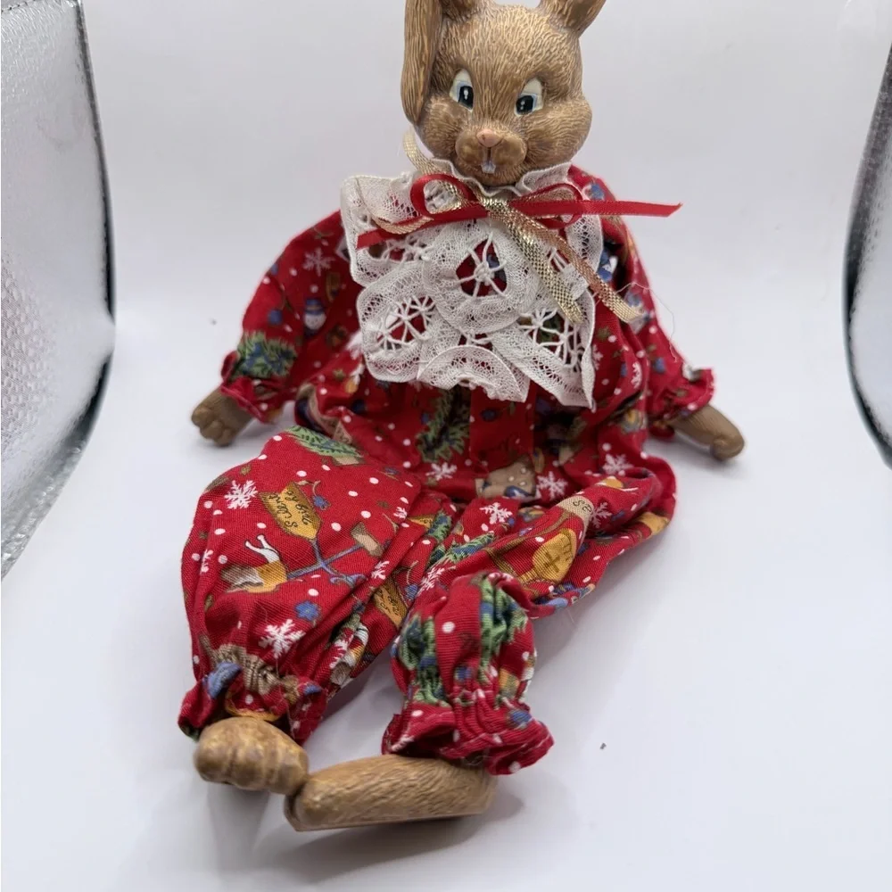 Christmas Bunny Shelve Sitter Ceramic Figurine with Lace Bow Cottage Core Decor